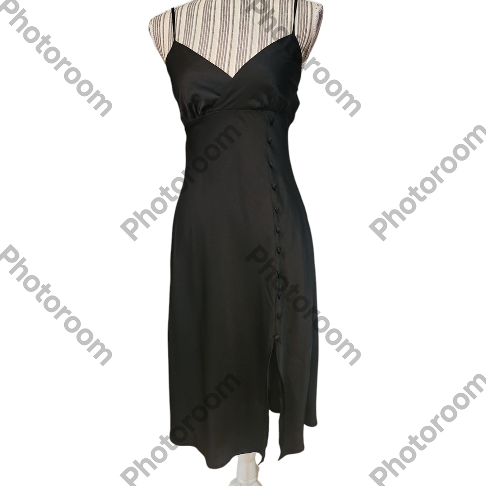 Bloomfield Woman Spagetti Strap Black Satin Button Down Slit Midi Dress Size S